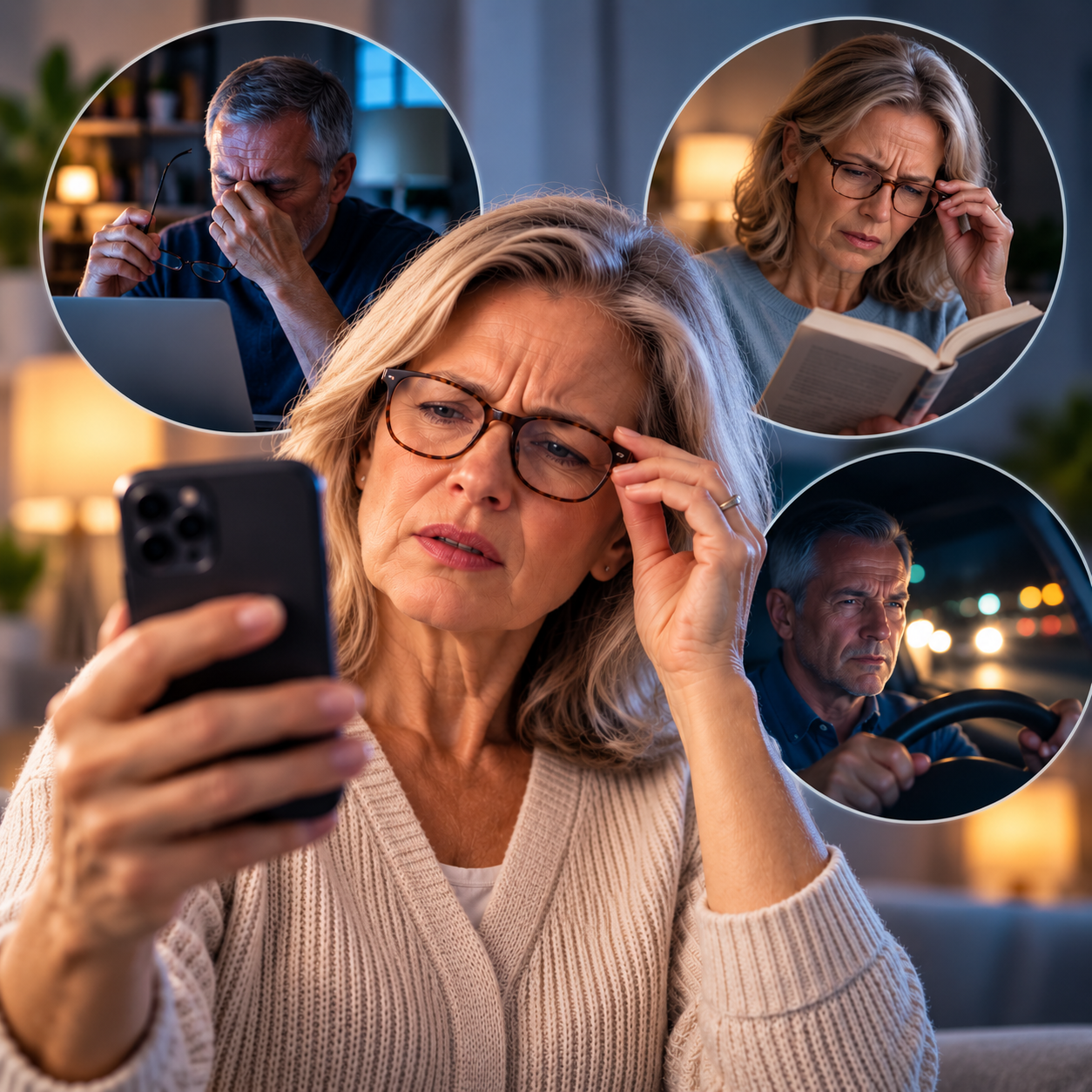 Person holding a phone away to read it